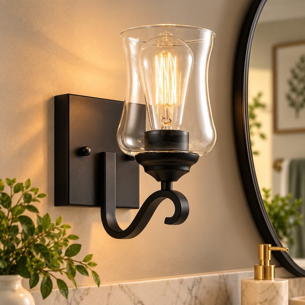 Matte Black Farmhouse Wall Sconce – Clear Glass Bathroom Vanity Light